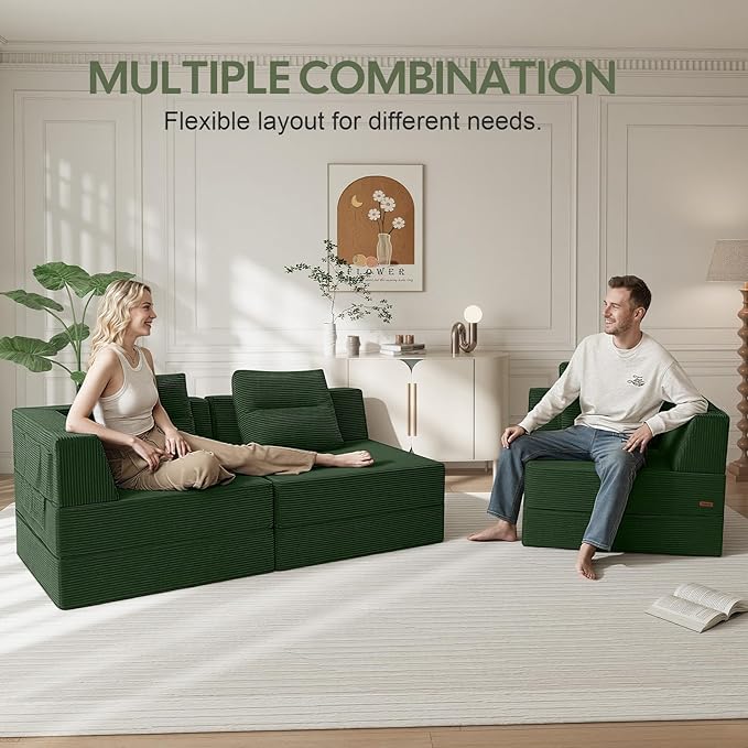 COMAX Futon Sofa Bed 3 Seater 106 Convertible Sofa Bed Couches for Living Room 4 in 1 Folding Boneless Sleeper Corduroy Couch Foam in a Box Comfy Foldable Lounge Fold Out Floor Mattress Green