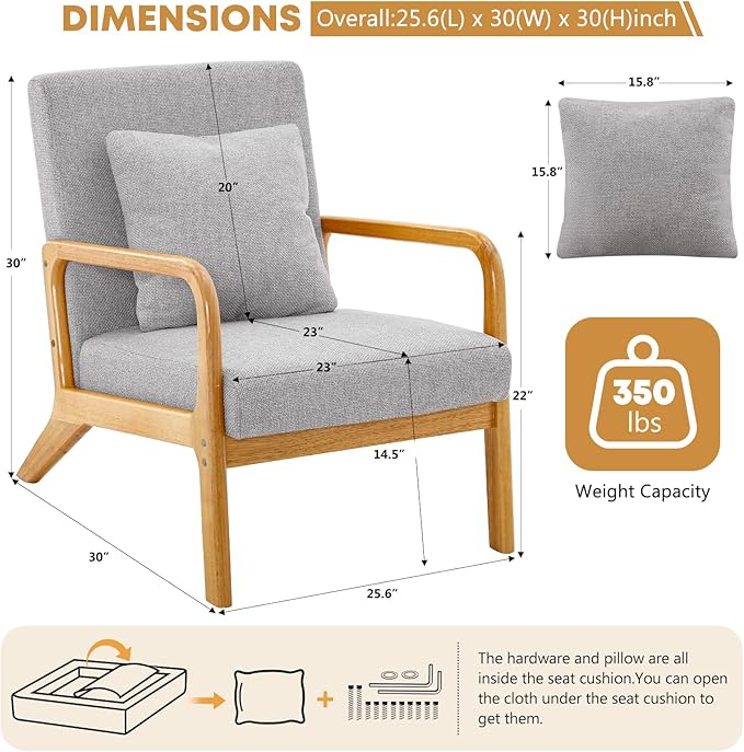 ELUCHANG Mid-Century Modern Accent Chair with Lumbar PillowUpholstered ArmchairLinen Fabric Comfy Reading Chair Lounge Side Chair for Living Room Bedroom ApartmentEasy Assembly(Grey2pcs)