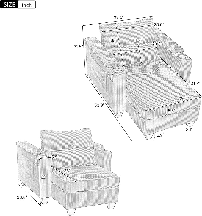 37.4 Versatile Chair Lounge Sleeper Daybed 2-in-1 Flexible Deep Seat Sofa Chair Convertible Recliner Chaise Lounge W/ Storage ArmsUSB PortsCupholdersPhone Holder Pockets for Living Room Bedroom