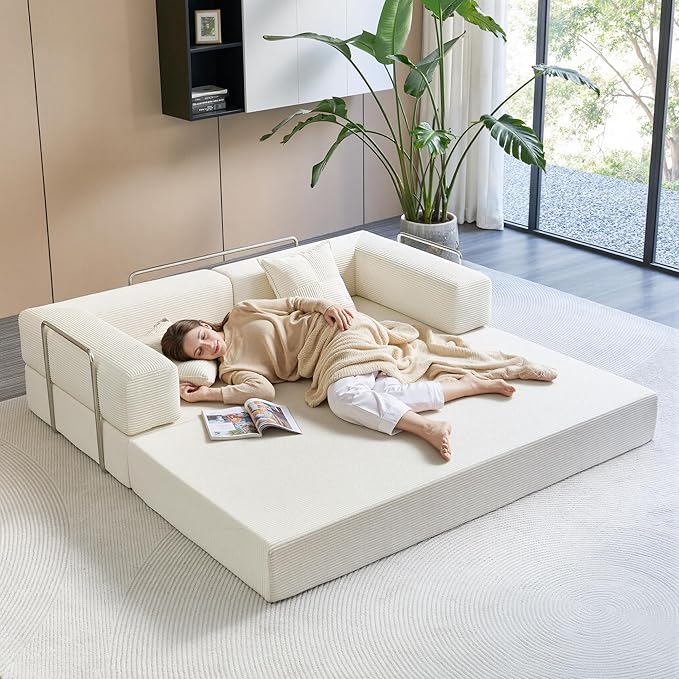 Compression Sofa - 78''Convertible Floor Sofa Bed - with Pillow Back Support Armrest - Comfy Foldable Sofa Bed Compressed Sofa in Box - Corduroy Fabric - for Living Room Bedroom - Ivory
