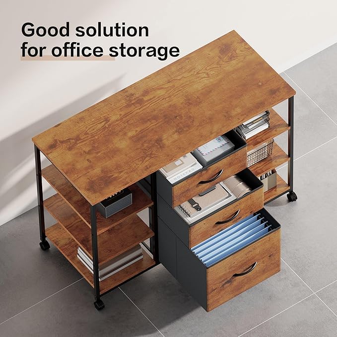 Mobile File CabinetLateral Filing Cabinet with 3 Fabric DrawersRolling Printer Stand with 4 Open Storage Shelf for Home OfficeRustic Brown