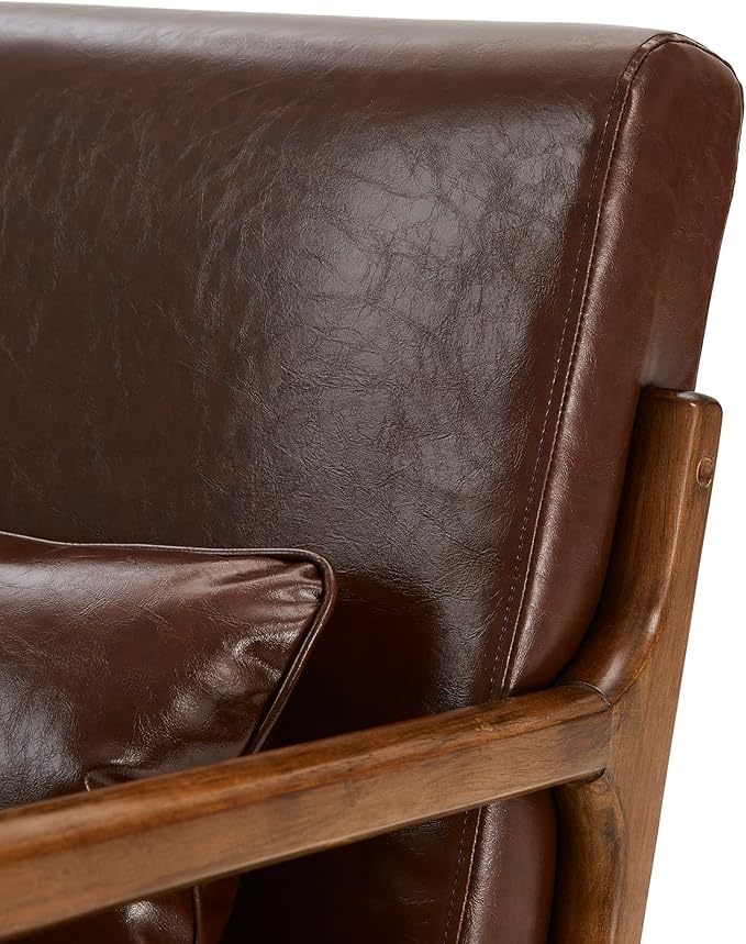 Glitzhome 2 Set Mid Century Coffee Accent Armchair Single Reading Armchair PU Leather Lounge Chair with Walnut Ruberwood Frame