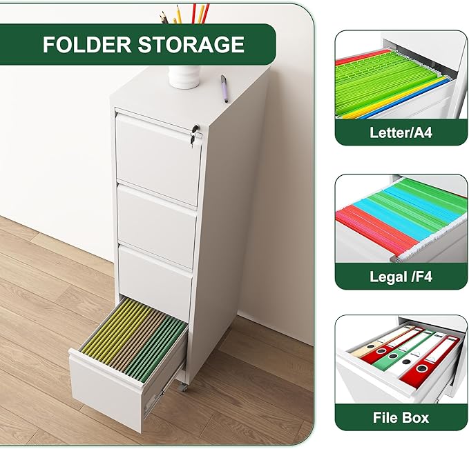 4-Drawer Mobile File Cabinet - White Vertical Metal Filing Cabinet with Lock Wheels for Home Office Adjustable Legal/Letter Size Storage 52.28 H
