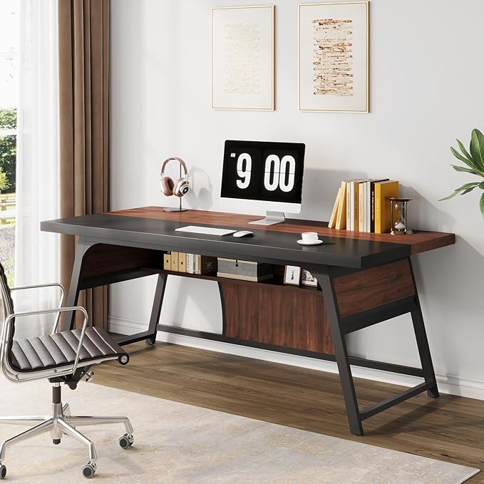 63-inch Executive Desk with Storage Shelf Large Home Office Desk with Metal Frame &amp LED Light Long Computer Desks for Home Office Walnut and Black