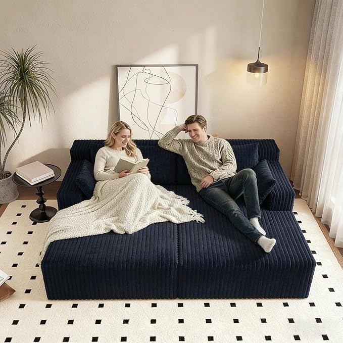 71'' Oversized Double Chaise Lounges Indoor Cloud Upholstered Boneless Couch Bed Deep Seat No Assembly Required Modern Corduroy Sleeper Loveseat Chair for Living Room Bedroom Reading (Black) | Bre