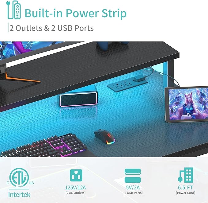 Lufeiya Black Gaming Desk with LED Lights and Power Outlets 40 Inch Teen Writing Study Table Home Office Desks with Monitor Stand Computer Desk with Charging Station USB Port Black