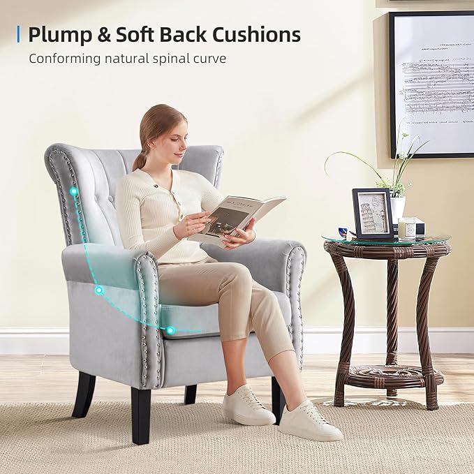 Modern Velvet Accent Chair Upholstered Tufted Armchair Wingback Chair Single Sofa Club Chair with Solid Wood LegsComfy Reading Chair for Living RoomBedroomLoungeOffice (Gray)