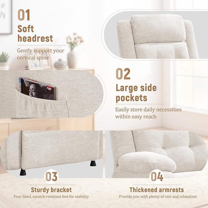 Power Recliner Chair for Adults Oversized Electric Recliner with Thickened Cushions Chenille Fabric Reclining Chair for Living Room Bedroom Beige