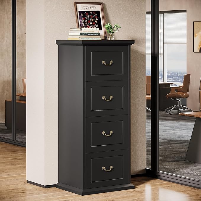 Tribesigns 4-Drawer File Filing Cabinet Vertical File Cabinet Office Wood Filing Cabinet for A4 / Letter Size Narrow Tall File Storage for Home Office Black