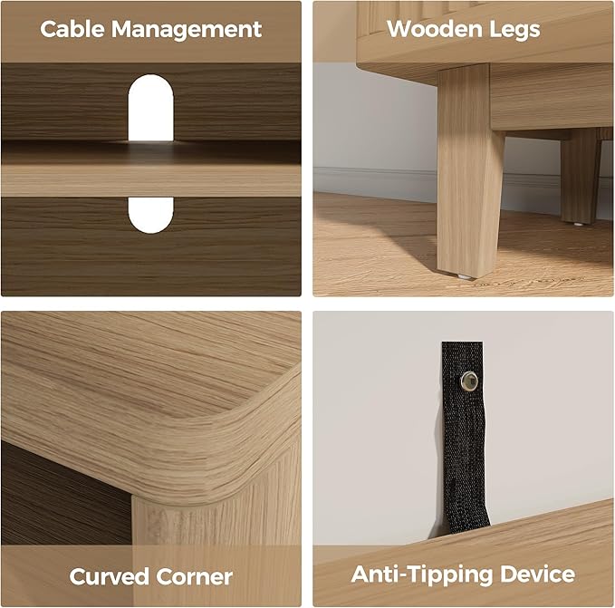 IRONCK TV Stand for 65 Inch TV 59 Inch Entertainment Center with Storage and Charging Station Modern Media Console with 3 Adjustable Shelf Fluted Doors Design Natural Oak