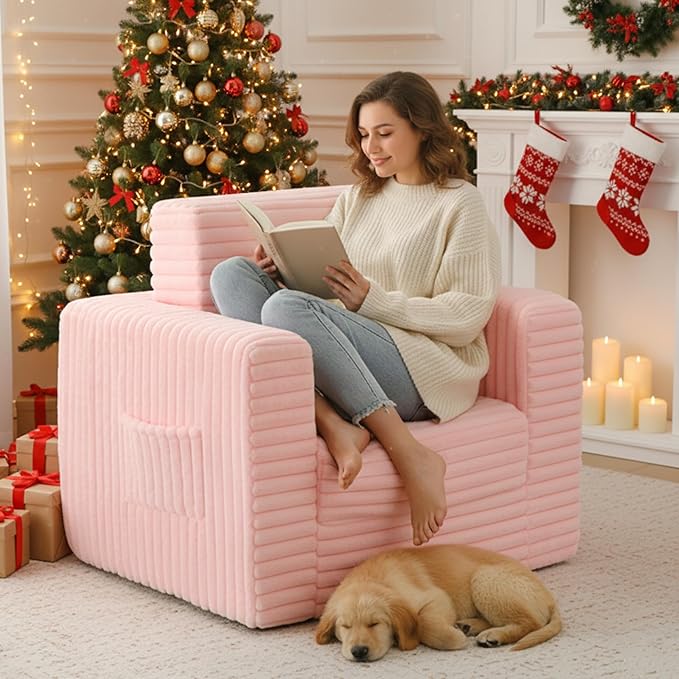 Welnow Folding Sofa Bed with Ottoman Convertible 2-in-1 Boneless Couch Futon Lounge Chair Bed for Adults Comfy Fold Out Sleeper Sofa for Small Spaces Living Room Bedroom or Dorm Pink