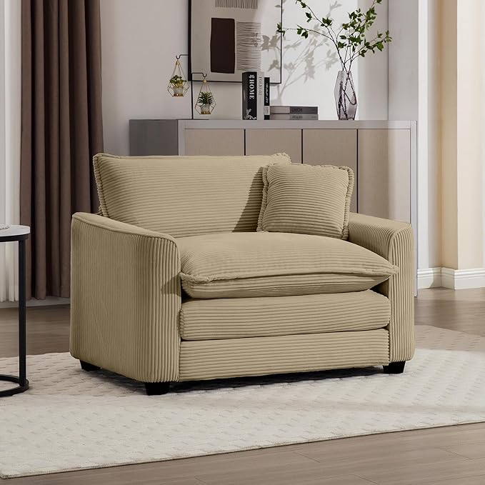 KEIKI 45 Oversized Corduroy Modular Sectional Single Sofa with High-Density Foam Cushions Removable Armrests Upholstered Modern 1-Seater Lounge Accent Chair with 1 Pillow for Living Room Tan