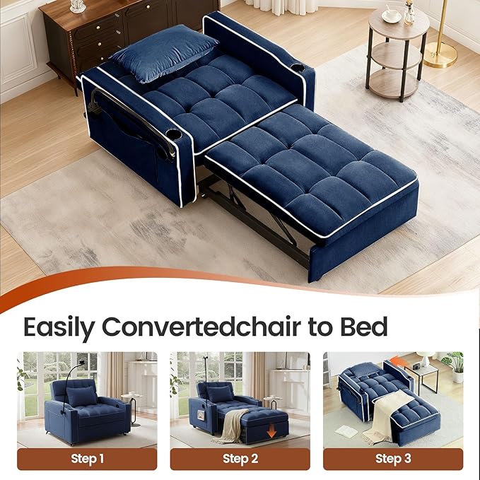 Sleeper Chair Convertible Pull Out Chair Sleeper with Bracket and Cup Holder Chairs Bed Sleepers for Adults 3 in 1 Sofa Bed Chairs for Small Spaces Living Room Blue