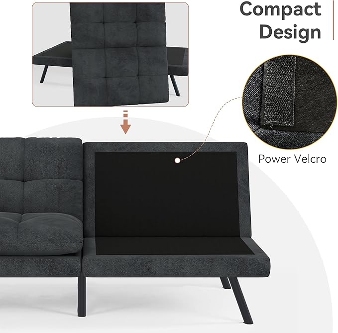Convertible Futon Sofa Bed Memory Foam Futon Couch with Adjustable Backrest Folding Small Loveseat Sleeper Recliner for Living Room Apartments Bedroom or Office (Black)