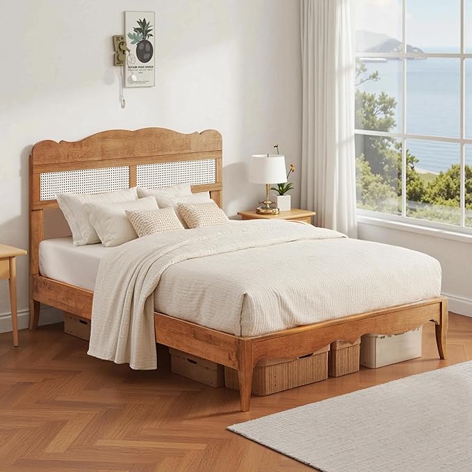 PHI VILLA Full Rattan Bed Frame with Headboard Mid Century Modern Wooden Bed Frames No Box Spring Needed Brown