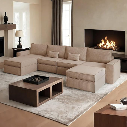 HOOOWOOO Modular Sectional Sofa CouchU L Shaped Free Combination Couch ChairsCloud Sofa with Ottomans Chaise 6 Pieces Set for Living Room(Beige Corduroy)