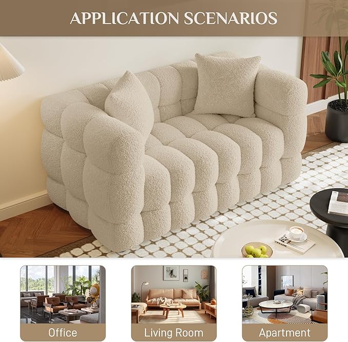 Boucle Sofa Couch 55 Comfy Upholstered Sherpa Loveseat Tufted Cozy 2-Seater Deep Seat Cloud Couch Modern Small Love Seat with 2 Pillows for Living Room Apartment Bedroom Light Brown