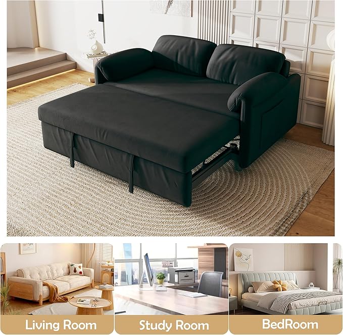 KEIKI 3 in 1 Full Velvet Convertible Pull Out Sofa Bed Adjustable Backrest &amp Side Pockets Modern Sleeper Recliner Couch for Living Room Black