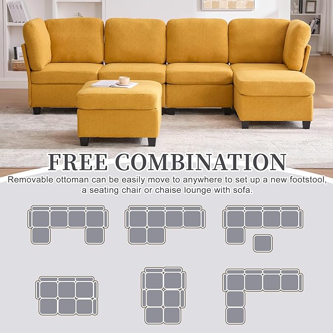 KEIKI 115 U-Shaped Polyester Modular Sectional Sofa with 2 Movable Ottoman &amp Storage Seat Upholstered Convertible Oversized 6-Seater Couch Free Combination Easy Assembly for Living Room Yell
