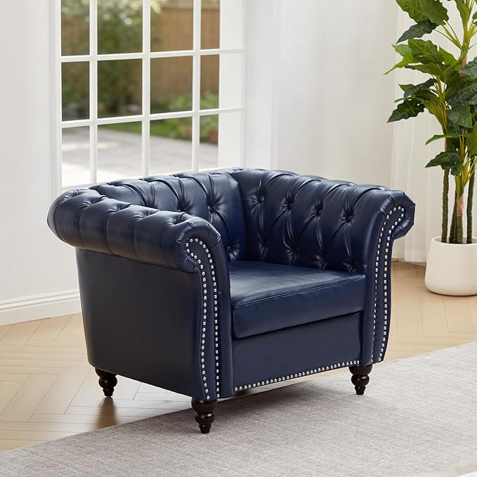 AVZEAR Leather Upholstered Armchair Single Sofa Chair with Rolled Arms and Nailhead Mid-Century Modern Tufted PU Chesterfield Chair for Living Room Bedroom Office Apartment PU Blue