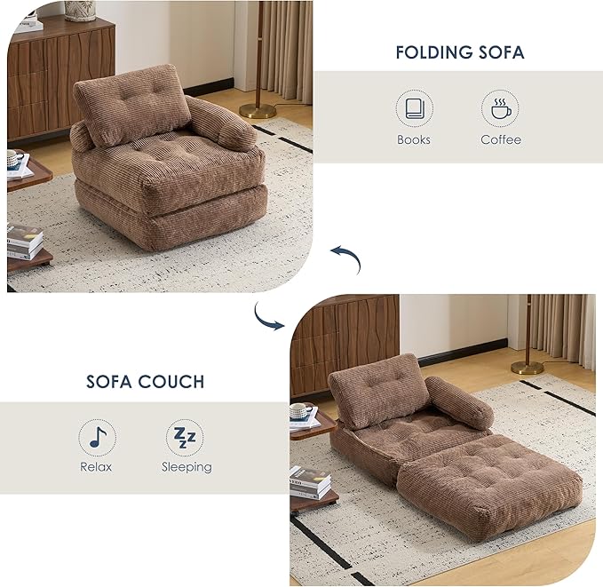 Folding Sofa Bed with ArmrestConvertible Sleeper Chair for Adults Folding Sofa Bed Foam Filling Couch with PillowSleeper Chairs Single Size Floor MattressBrown