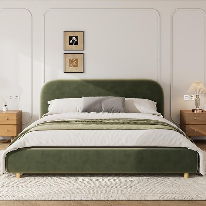 Merax King Size Teddy Fleece Thick Fabric Upholstered Platform Bed with Curved Shaped Headboard Wood Bed Frame with Solid Round Legs for Kids Teens Adults Olive Green
