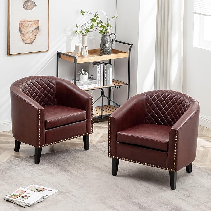 KINWELL 29 W Faux Leather Barrel Chairs Set of 2 Modern PU Upholstered Tufted Club Chairs with Nailhead Trim Small Armchairs Accent Chairs for Living Room Bedroom Apartment Lounge Nursery Red