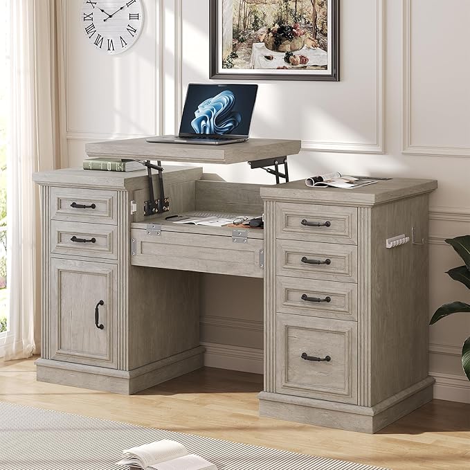Farmhouse 57 Lift Up Executive Desk with 5 Drawers and Charging Station Wood Home Office Computer Desk with File Cabinet Storage Keyboard TrayHeadphone Hook for WorkStudy (Grey)