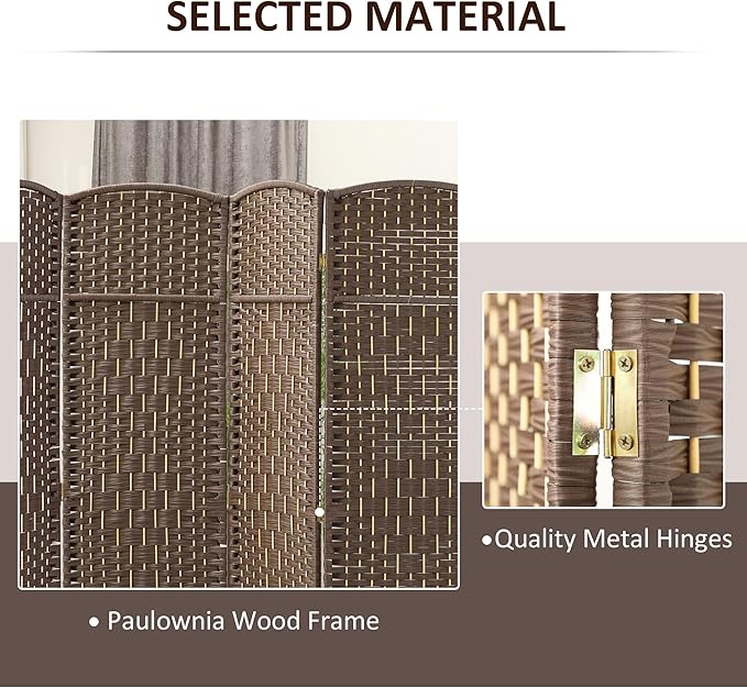 HOMCOM Room Divider 6 Ft 4 Panel Folding Privacy Screen Hand-Woven PP Wall Partition with Pine Wood Frame Freestanding Room Separator for Bedroom Home Office No Assembly Brown