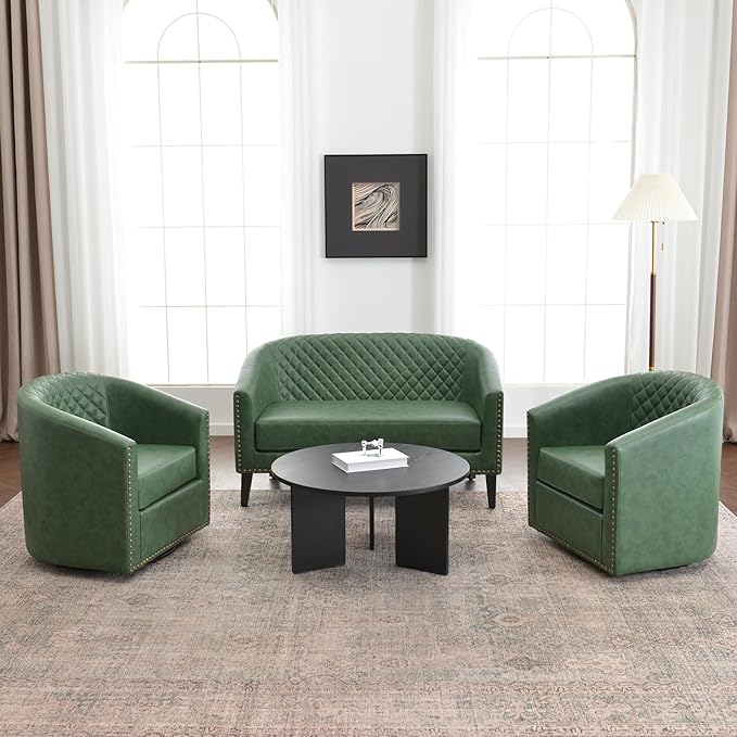 KINWELL 50 Faux Leather Upholstered Loveseat Sofa with 2 Swivel Barrel Accent Chairs Minimalist Comfy 2-Seater Couch and Armchair for Small Spaces Apartment Green