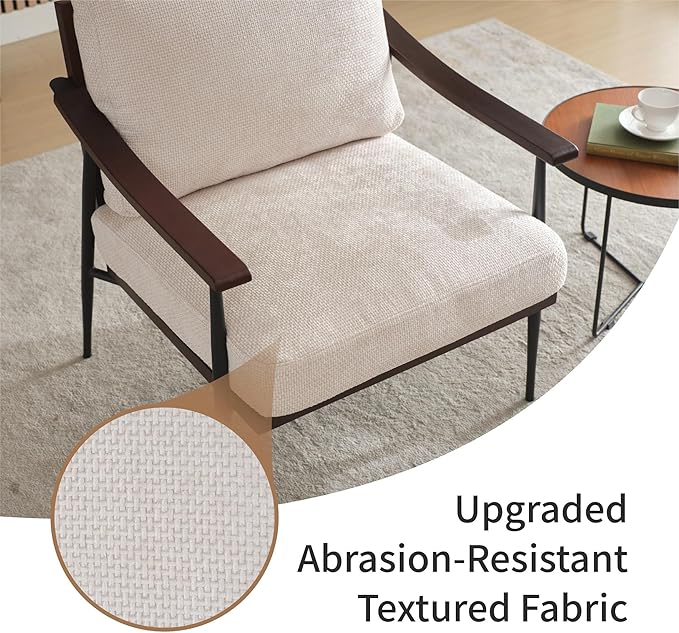 Softa Modern Accent Chair Mid Century Modern Accent Chairs Linen Fabric Arm Chair with Wood Armrests Upholstered Leisure Chair for Living Room Bedroom Reception Room White (White)