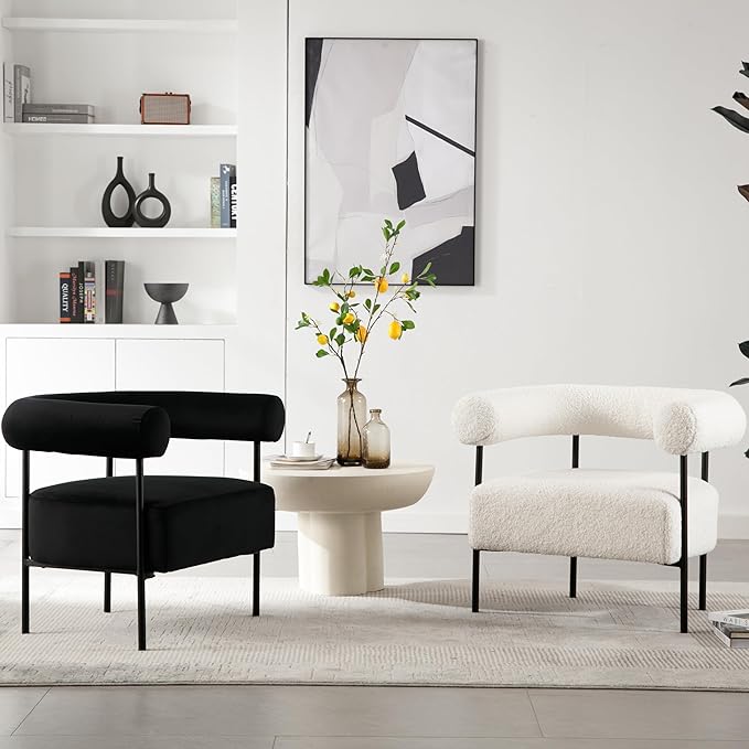 Modern Accent Chairs Set of 2 White Boucle Side Chairs with Curved Back Sherpa Barrel Vanity ChairsArmchairs with Black Metal Legs &amp Upholstered for Living Room Makeup Room