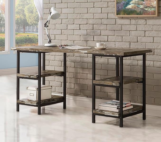 Coaster Home Furnishings – Kemper – Metal &amp Engineered Wood – 59-Inch Farmhouse Writing Desk with 4 Open Shelves and Black Metal Frame – Home Office &amp Living Room – Weathered Brown - 801551