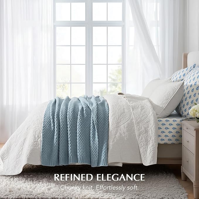 EVERGRACEHOME Chunky Chenille Knit Throw Blanket for Couch Soft Luxurious Moss Stitch Blankets for Bed Cozy Decorative Farmhouse Knitted Throws for Sofa Chambray Blue 60 x 80