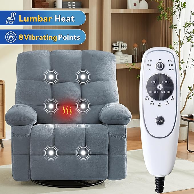 Oversized Recliner Chair with Massage and Lumbar Heating Swivel Rocker Recliner with Remote Control Single Sofa Chair for Adults Seniors Elderly at Living Room Bedroom Study Room