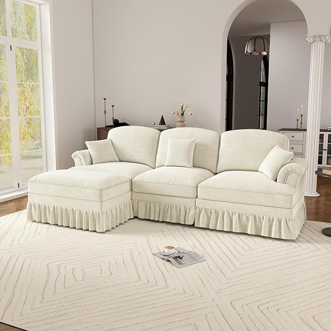 107.1 L-Shaped Modular Sectional Sofa 3-Seater with Ottoman Deep Seat Cloud Couch Chenille with Removable Pleated Skirt for Living Room Office (Beige White)