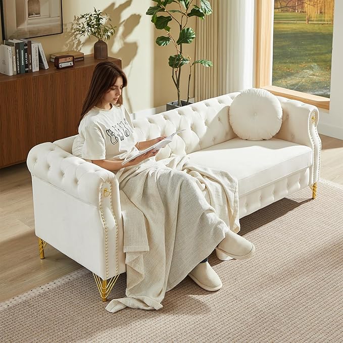 Chesterfield Velvet Button Tufted Sofa 82&amp37 Modern 4-Deep Seater Couch Retro Style Upholstered Comfy Sectional Sofa for Living Room Bedroom Apartment Office Beige
