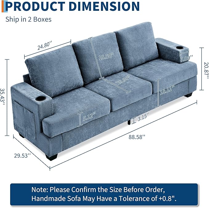Garvee 89 Modern Sofa for Living Room 3-Seater Comfy Couches with Deep Seat Chenille Couch with Cup Holders and Side Storage Pockets for Apartment Lounge Blue