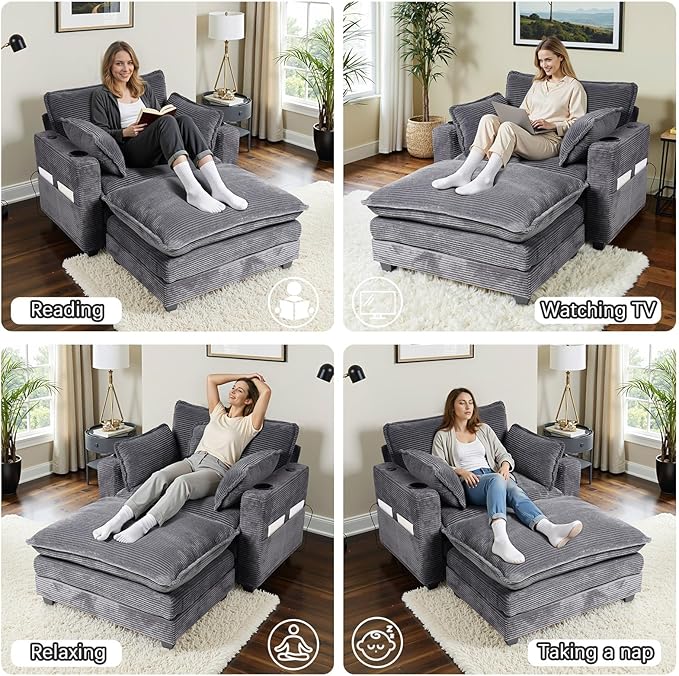 Oversized Chair with OttomanOversize Chaise LoungeReading Boneless Sofa BedChaise Lounge Chair Indoor with Side PocketSleeper Couch with USB&ampCup HolderCorduroy Sofa Couch for Living Room (Gre
