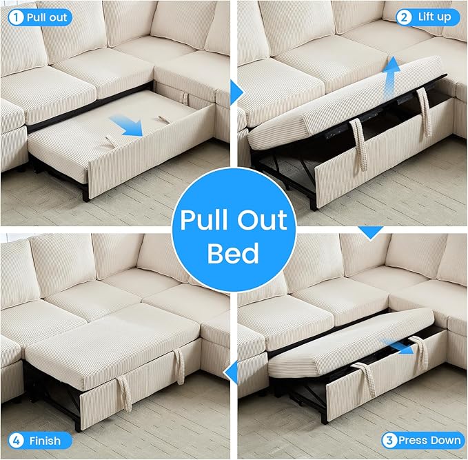 PUREMIND 100 Sectional Sleeper Sofa with Pull Out Bed U Shaped Modular Sectional Sofa with Storage Chaise Corduroy Cloud Sofa Bed with Cup Holders for Living Room Bedroom Apartment Beige
