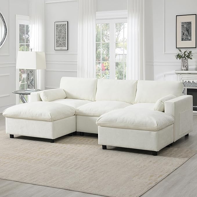 kevinplus 86.5'' Sectional Sofa Couch with Ottoman for Living Room Modern Contemporary 3-Seat Sectional Sofa Couch for Apartment Chenille Fabric Beige