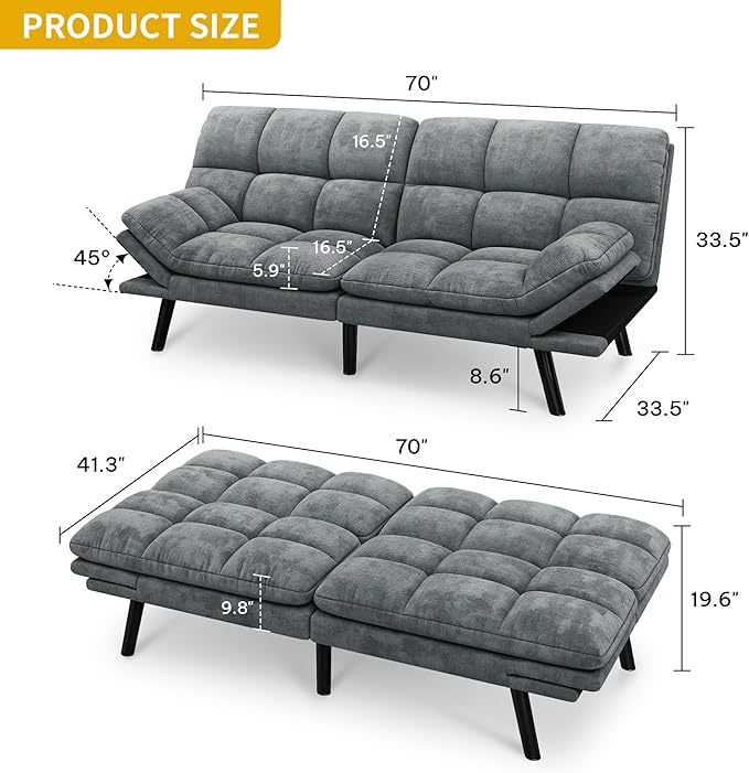 DWVO 70 Convertible Futon Sofa Bed Folding Futon Set for Living Room Home Office Aprtment Modern Futon Couch with Adjustable Backrest &amp Armrests Recliner Lounge Loveseat Sofa