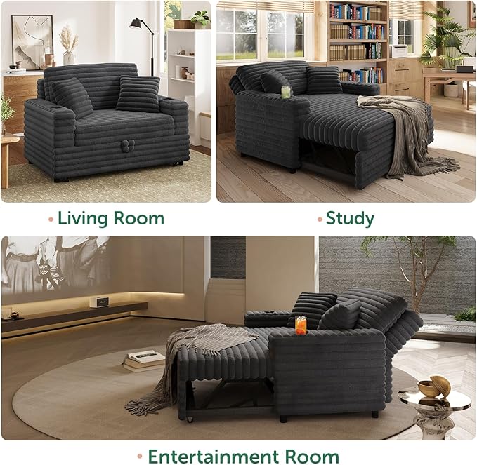 Plush Sofa 52” 3-in-1 Convertible Pull-Out Sofa Bed Sleeper Loveseat with Built-in Cup Holders Reclining Backrest Pet-Friendly for Small Space - Grey