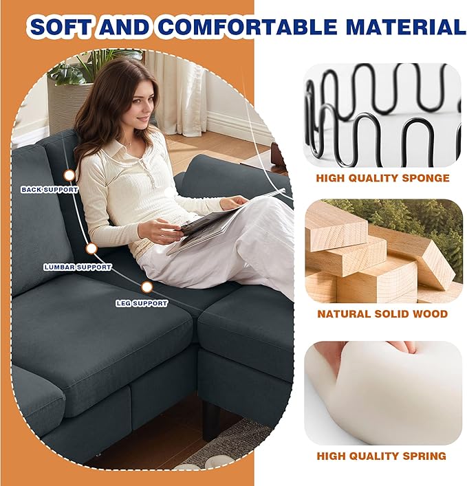 80 Convertible Sectional Sofa Set Modern Linen Small L Shaped Couch with Reversible Chaise and Loveseat Sofa 3-Seat Sofa Couches for Living Room Office Apartment Dark Grey