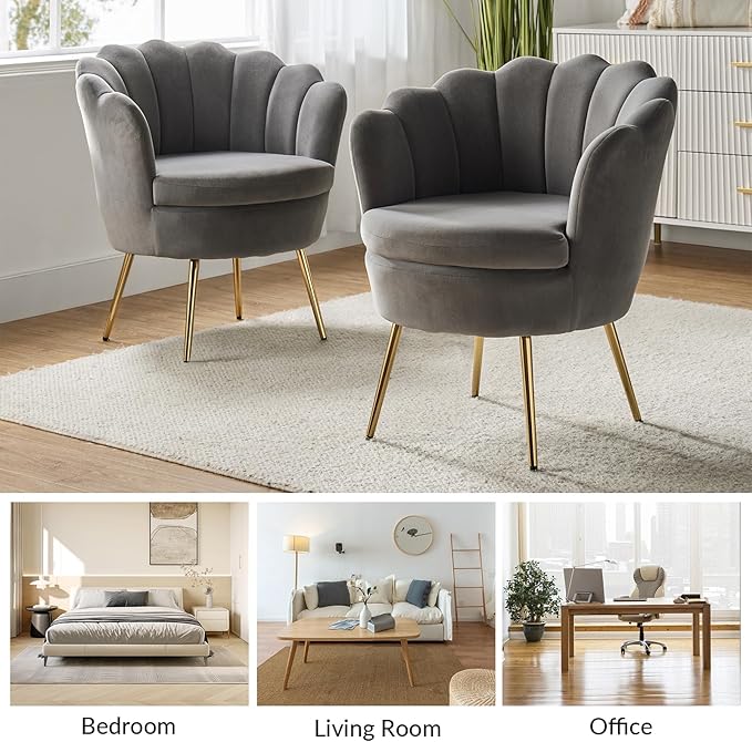 HULALA HOME Modern Velvet Accent Chairs Set of 2 with Shell Shaped Back Cute Living Room Bedroom Armchairs with Gold Legs Comfy Upholstered Vanity Chairs for Makeup Room Grey