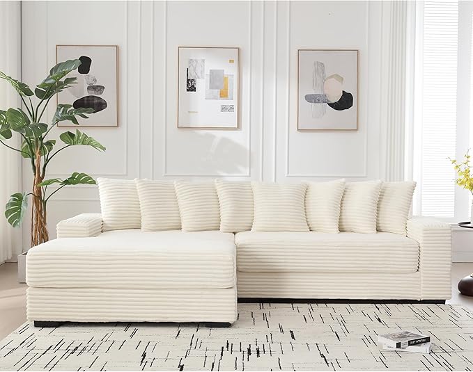 111 Inch Corduroy Sectional Couches for Living Room | L-Shaped Sectional Couch with 8 Pillows | Cloud Couch with Deep Seat | Solid Wood Frame Sofa Beige (Left Facing Chaise)