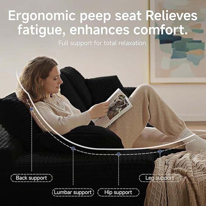 105 Cloud Modular Boneless Couch Left Facing L-Shaped Chaise Sectional Sofa - No Assembly Required Plush Corduroy &amp Memory Foam for Living Room Bedroom Apartment (Black)