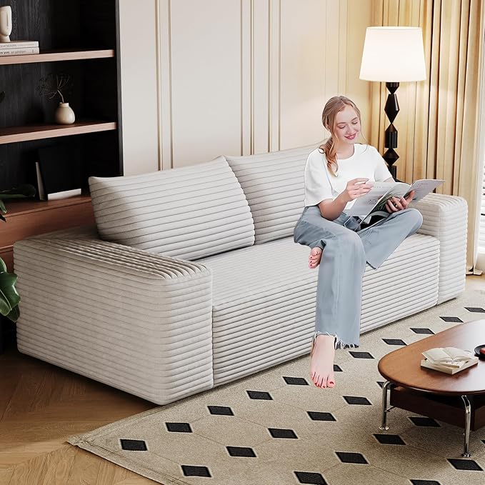 71 Sofa in a Box Compressed Boneless Couch with Wide Armrests &amp 2 Cushions Cloud loveseat Sofa for Living Room Memory Foam Deep Seat Corduroy Fabric No Assembly (White 3)