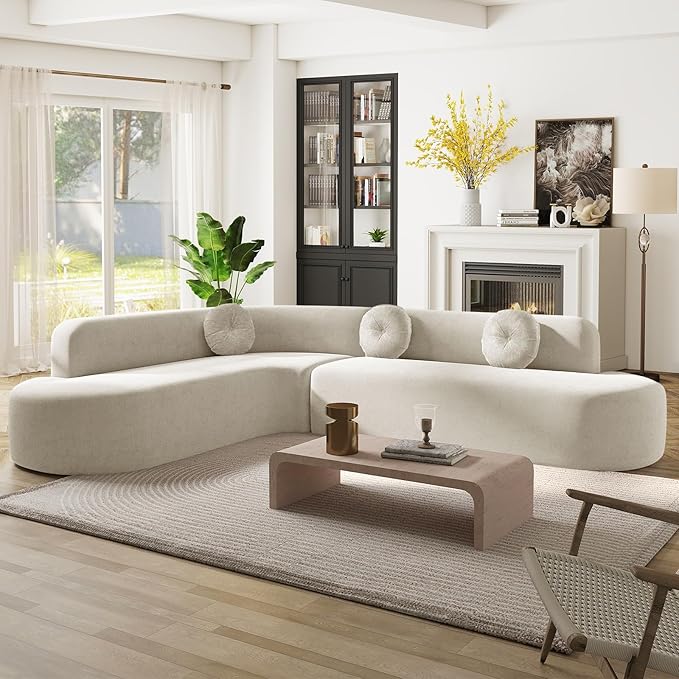 122'' Curved Sectional Cloud Sofa Modern L Shaped Couch with Chaise &amp Pillows Comfy Upholstered Deep Seat Compression Boneless Sofa for Living Room Apatment Office No Assembly Required Beige