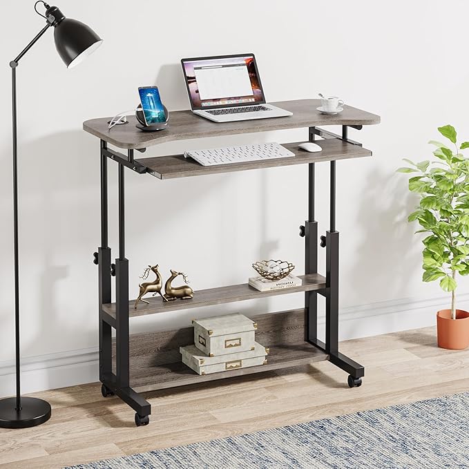 Tribesigns Portable Desk with Power Outlets Height Adjustable Side Table Sofa Couch Bedside Laptop Computer Cart with USB Charging Ports Mobile Small Standing Desk with Keyboard Tray